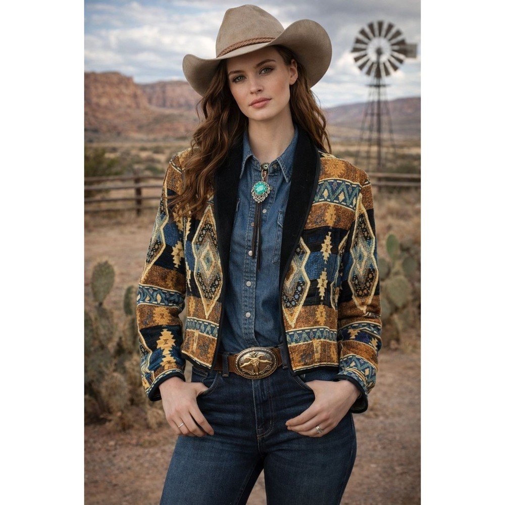 New Identity Jacket Womens Size XL Open Front Tapestry South Western Rodeo Crop